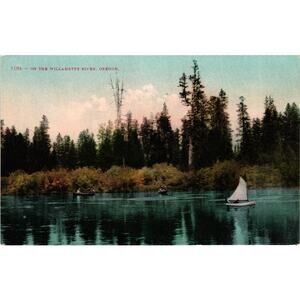 Vintage Willamette River Oregon Postcard with Canoes and Sailboat Scene‎